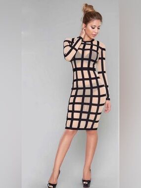 Femme Sheer Beige Grid-Print Long Sleeve Bodycon Dress